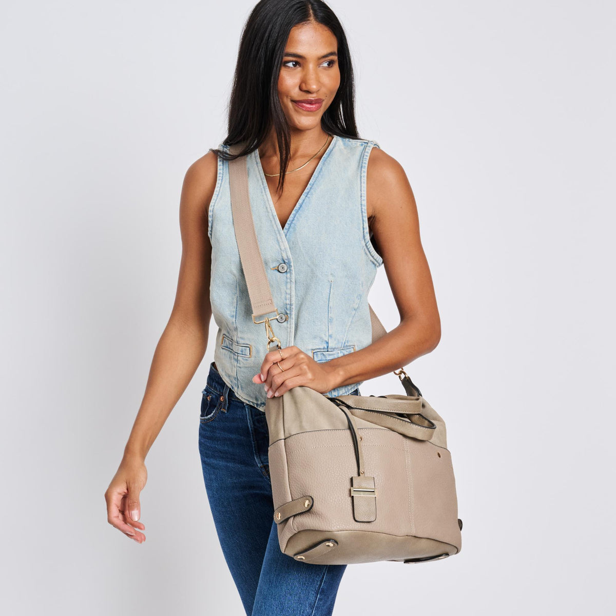 Woman wearing Mushroom Sol and Selene London Satchel 842017136231 View 3 | Mushroom