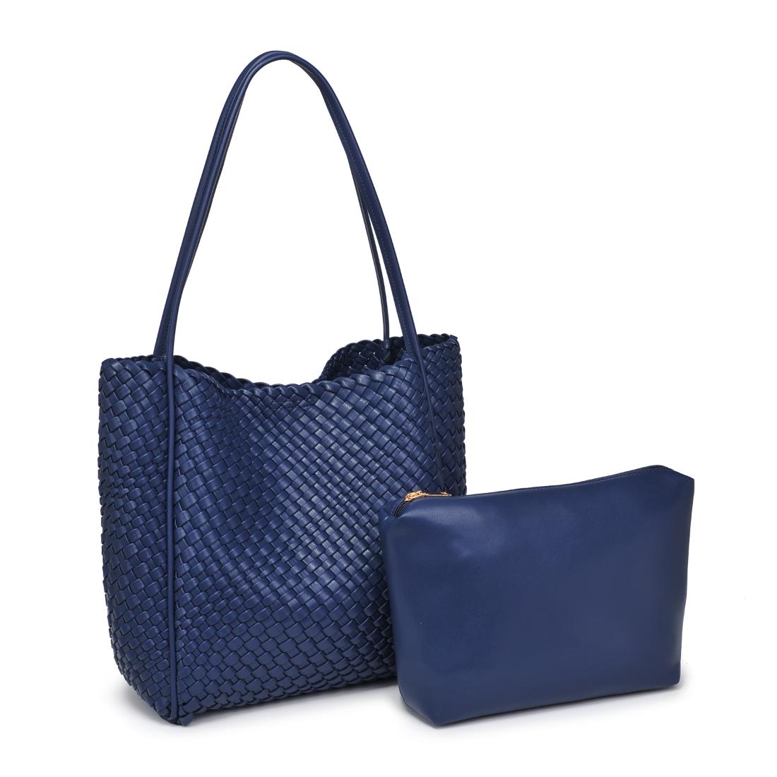 Woman wearing Navy Moda Luxe Gladys Tote 842017137276 View 6 | Navy