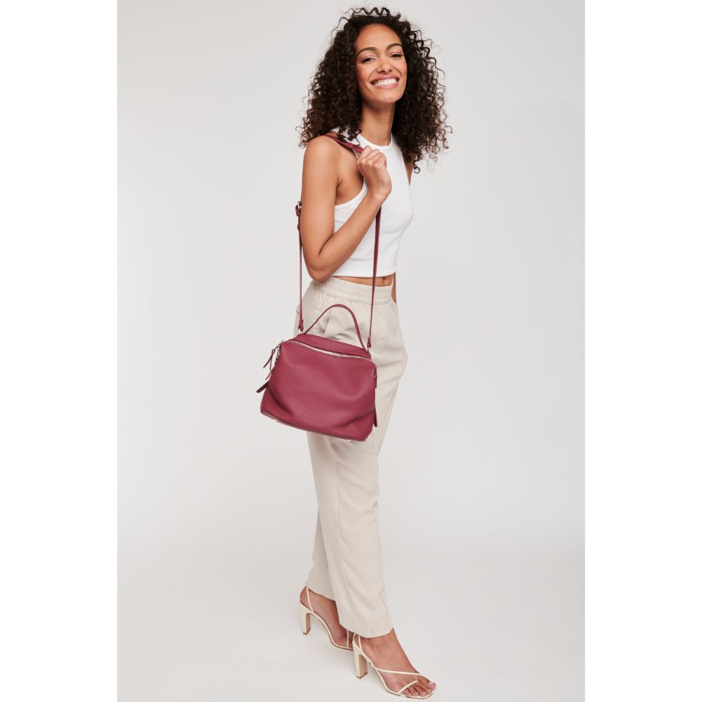Woman wearing Merlot Moda Luxe Nicole Satchel 842017115472 View 4 | Merlot