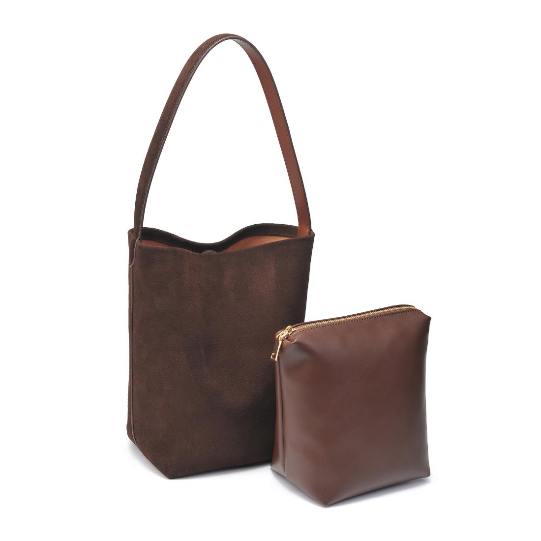 Woman wearing Chocolate Moda Luxe Colette Bucket 842017138990 View 6 | Chocolate