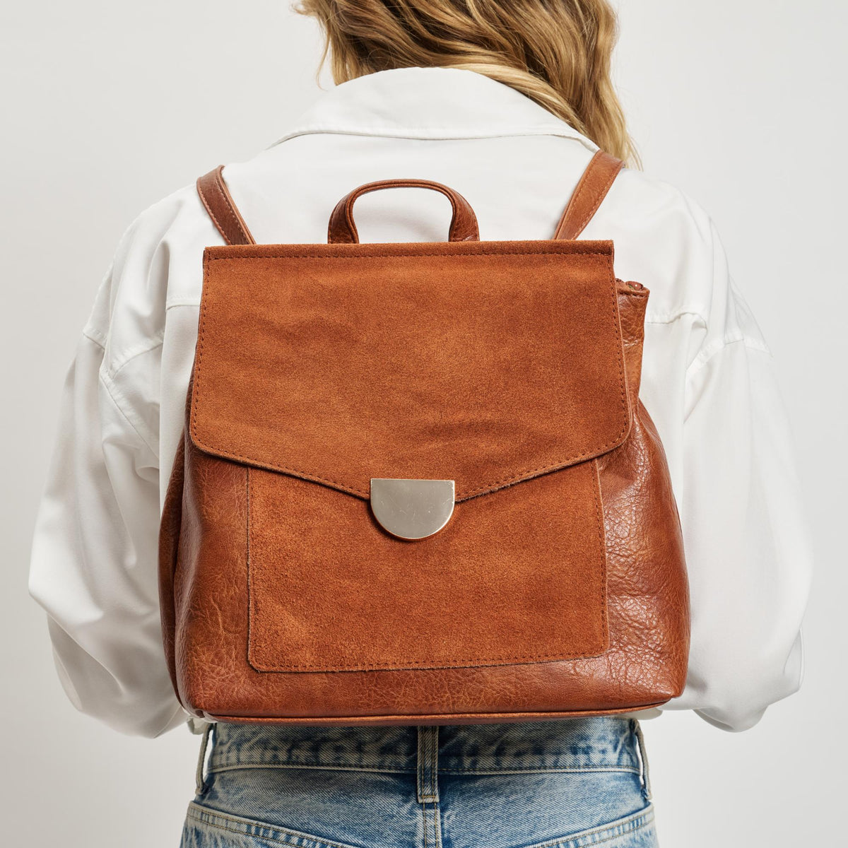 Woman wearing Tan Moda Luxe Lynn Backpack 842017119456 View 2 | Tan