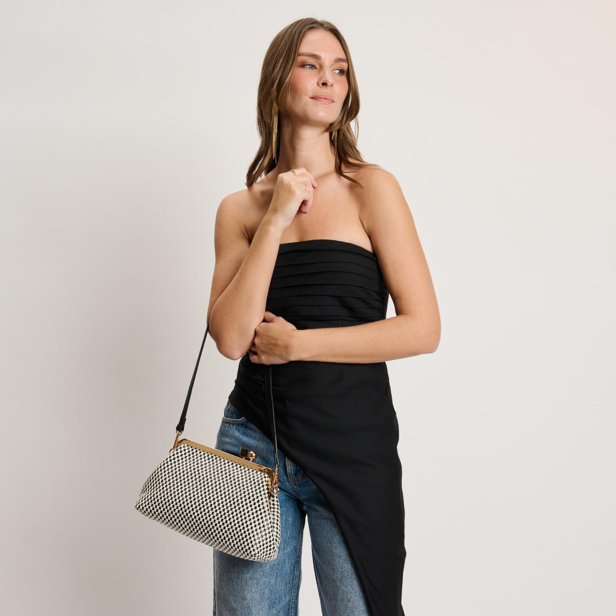 Woman wearing Black White Moda Luxe Bianca Clutch 842017141433 View 3 | Black White