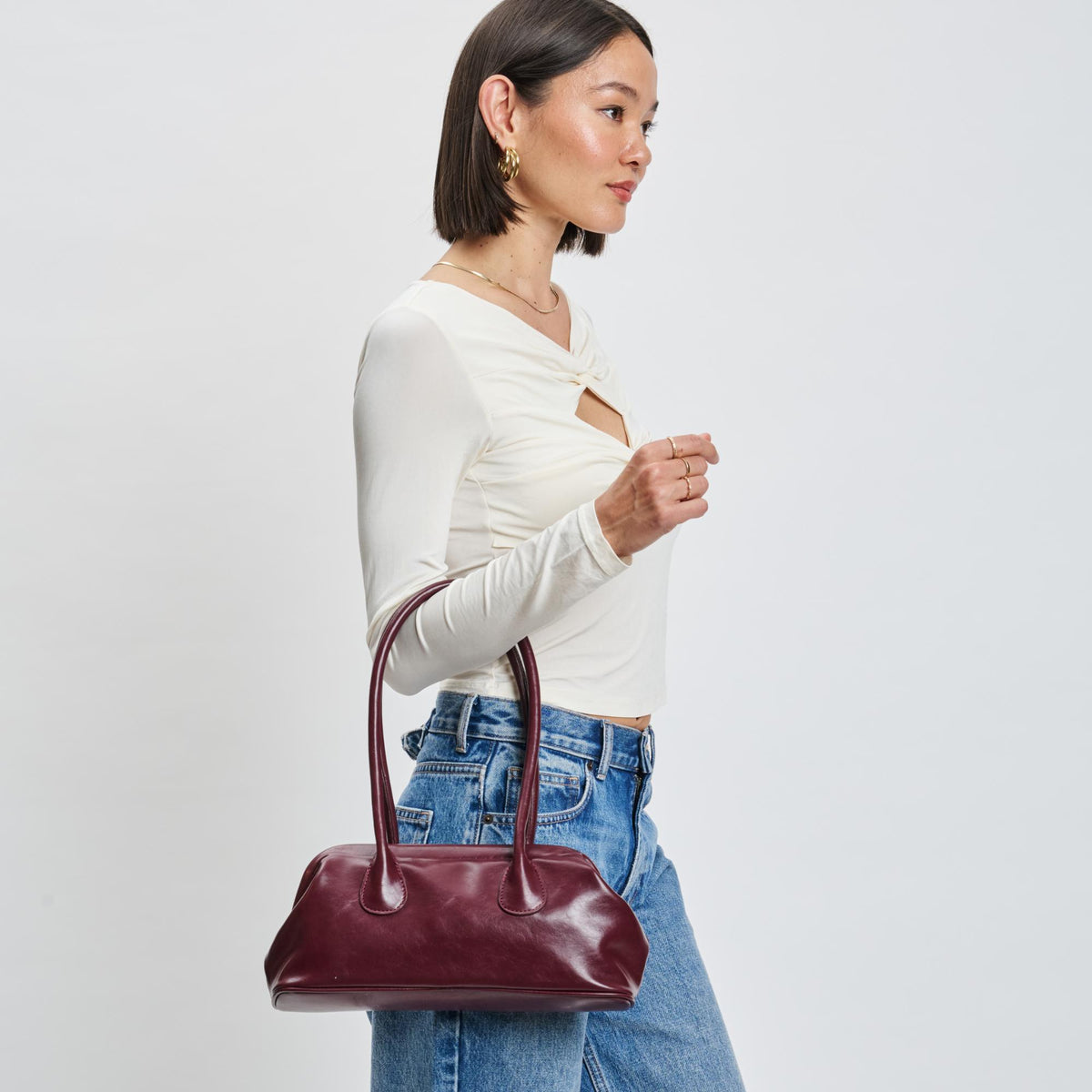 Woman wearing Wine Sol and Selene Nina Shoulder Bag 842017139584 View 1 | Wine