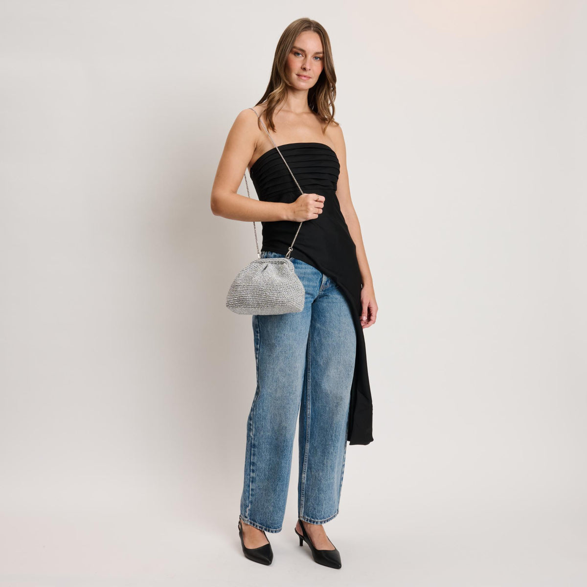 Woman wearing Silver Moda Luxe Amelia Clutch 842017140993 View 2 | Silver