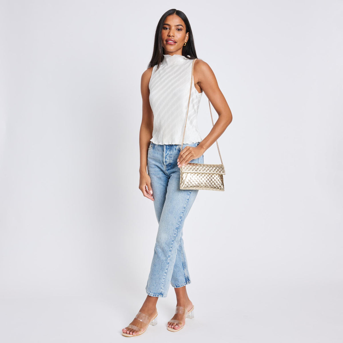 Woman wearing Gold Moda Luxe Priscilla Clutch 842017136552 View 4 | Gold