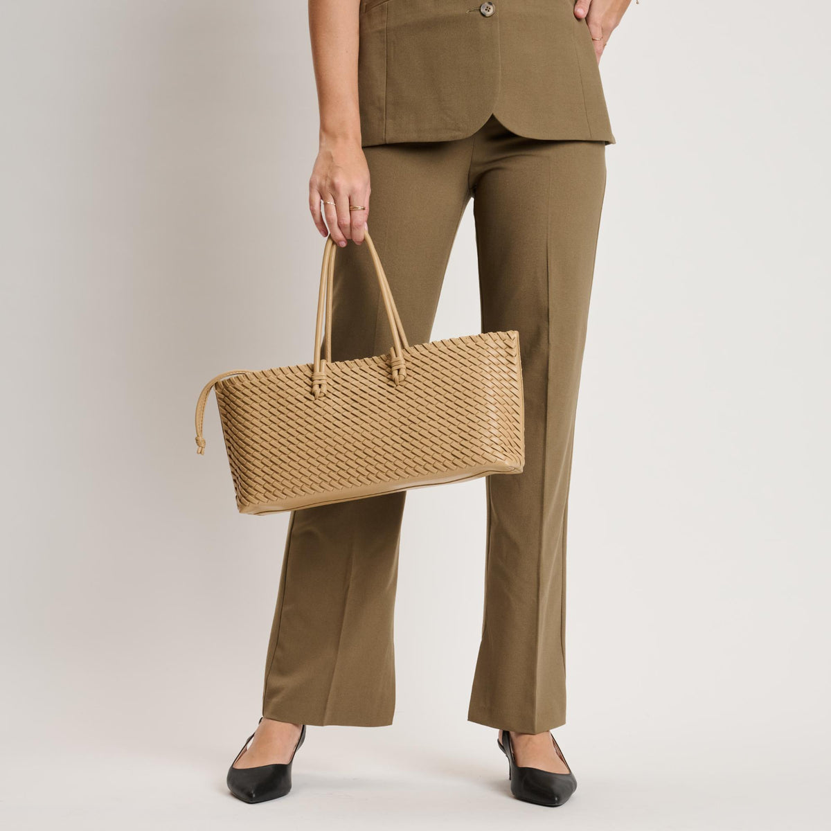 Woman wearing Natural Moda Luxe Nola Tote 842017140870 View 2 | Natural