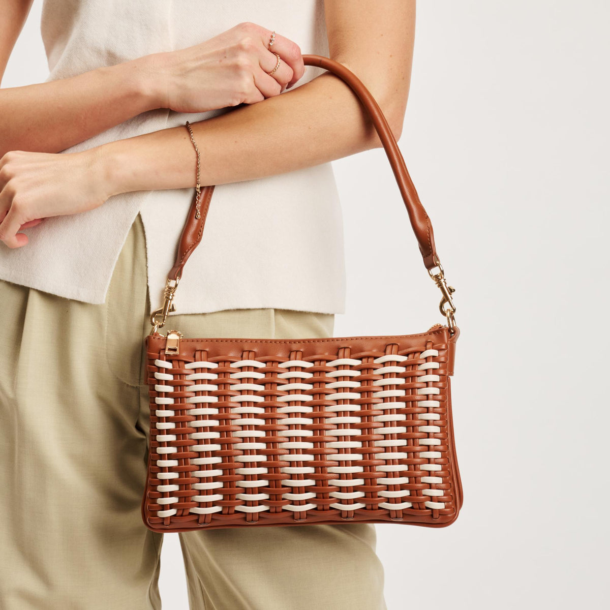 Woman wearing Tan Ivory Moda Luxe Maggie Crossbody 842017141280 View 2 | Tan Ivory