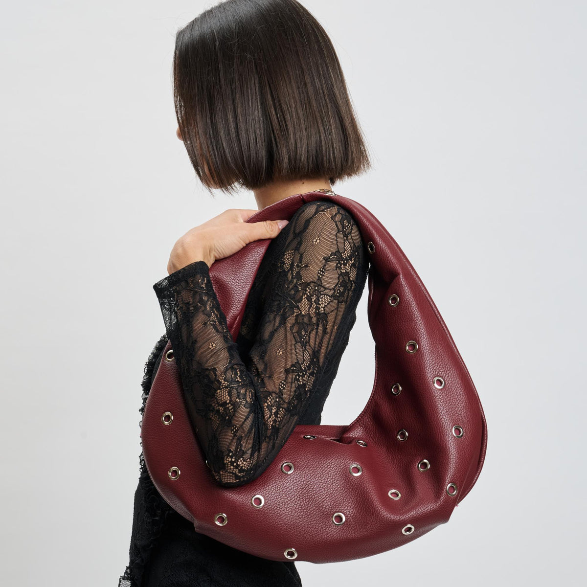 Woman wearing Burgundy Sol and Selene Riot Shoulder Bag 842017139768 View 2 | Burgundy
