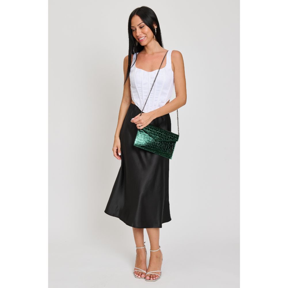 Woman wearing Emerald Sol and Selene Katniss Clutch 842017133759 View 2 | Emerald