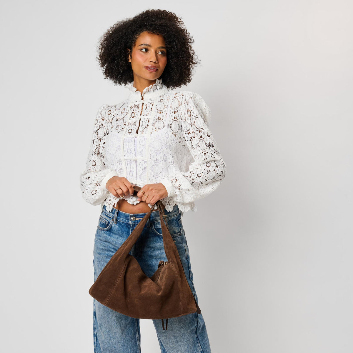Woman wearing Chocolate Moda Luxe Kelsea Satchel 842017142393 View 3 | Chocolate