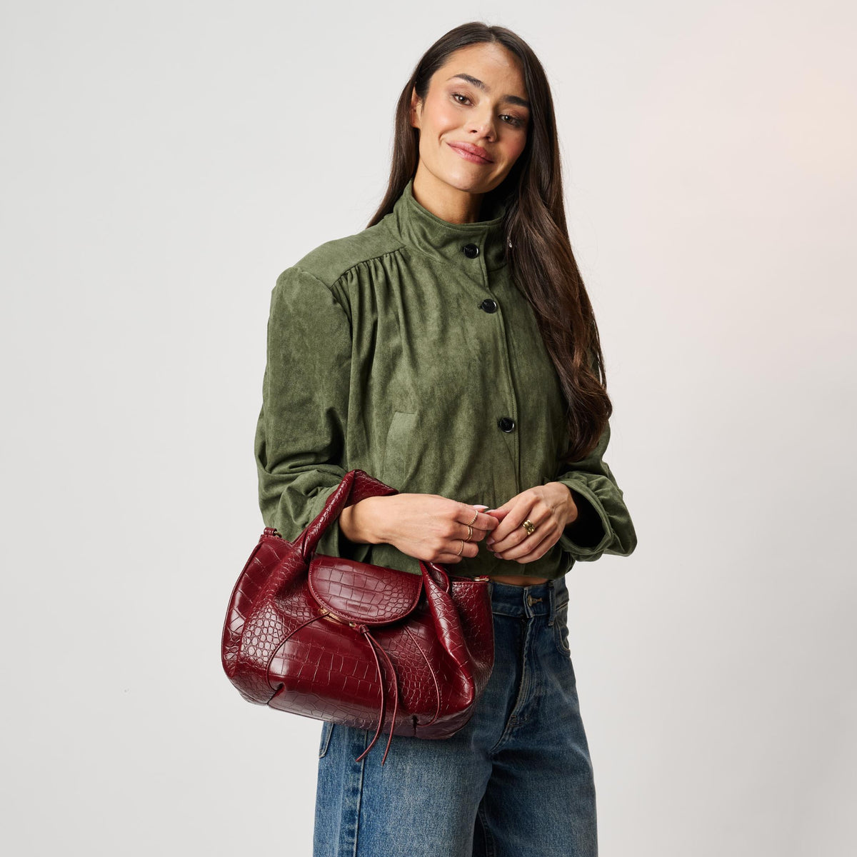 Woman wearing Burgundy Moda Luxe Amaya Satchel 842017142553 View 2 | Burgundy