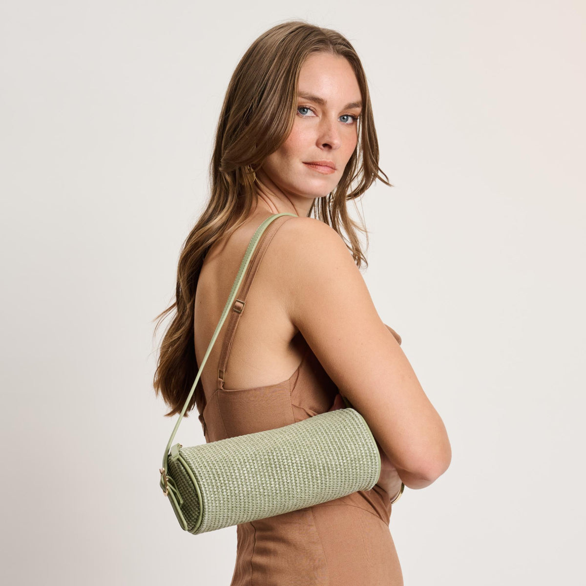 Woman wearing Sage Moda Luxe Mila - Straw Shoulder Bag 842017141686 View 4 | Sage