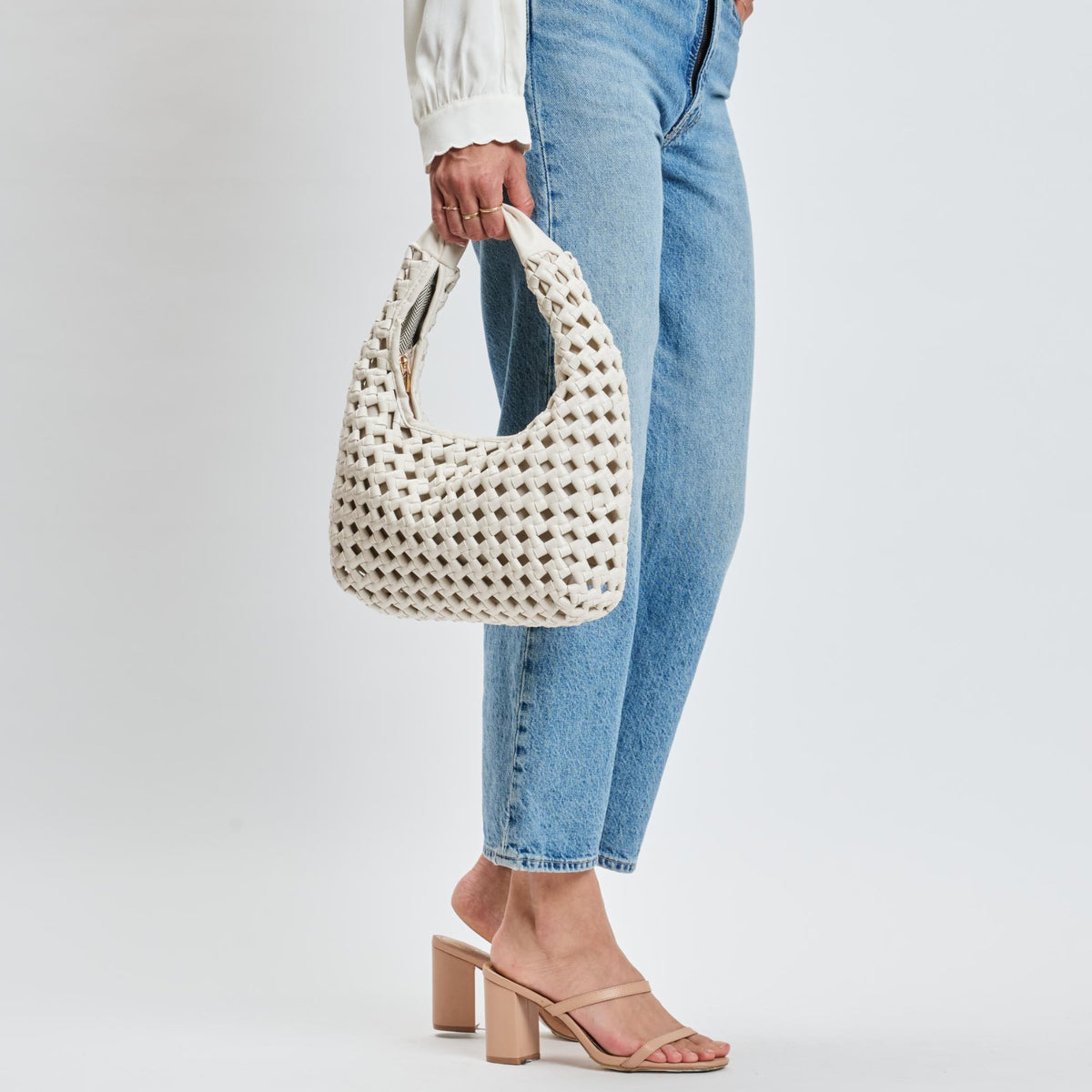 Woman wearing Oatmilk Moda Luxe Richelle Hobo 842017137528 View 4 | Oatmilk