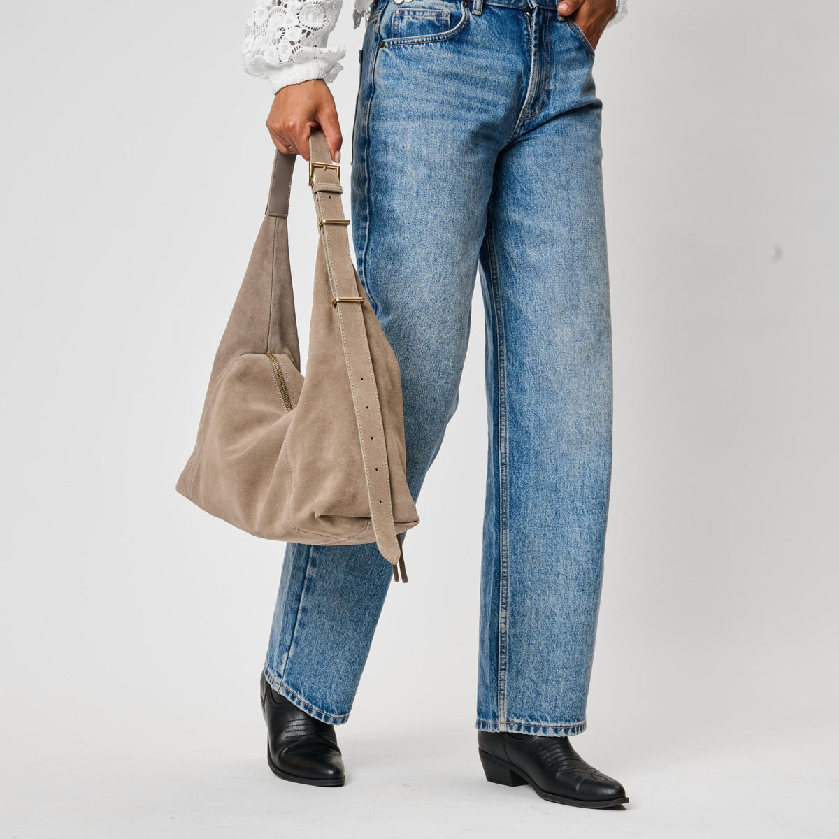 Woman wearing Taupe Moda Luxe Kelsea Satchel 842017142416 View 3 | Taupe