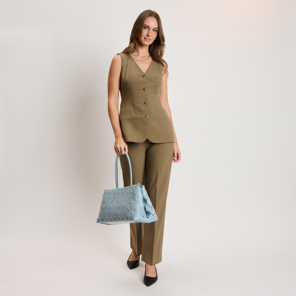 Woman wearing Blue Moda Luxe Elsy Satchel 842017140962 View 4 | Blue