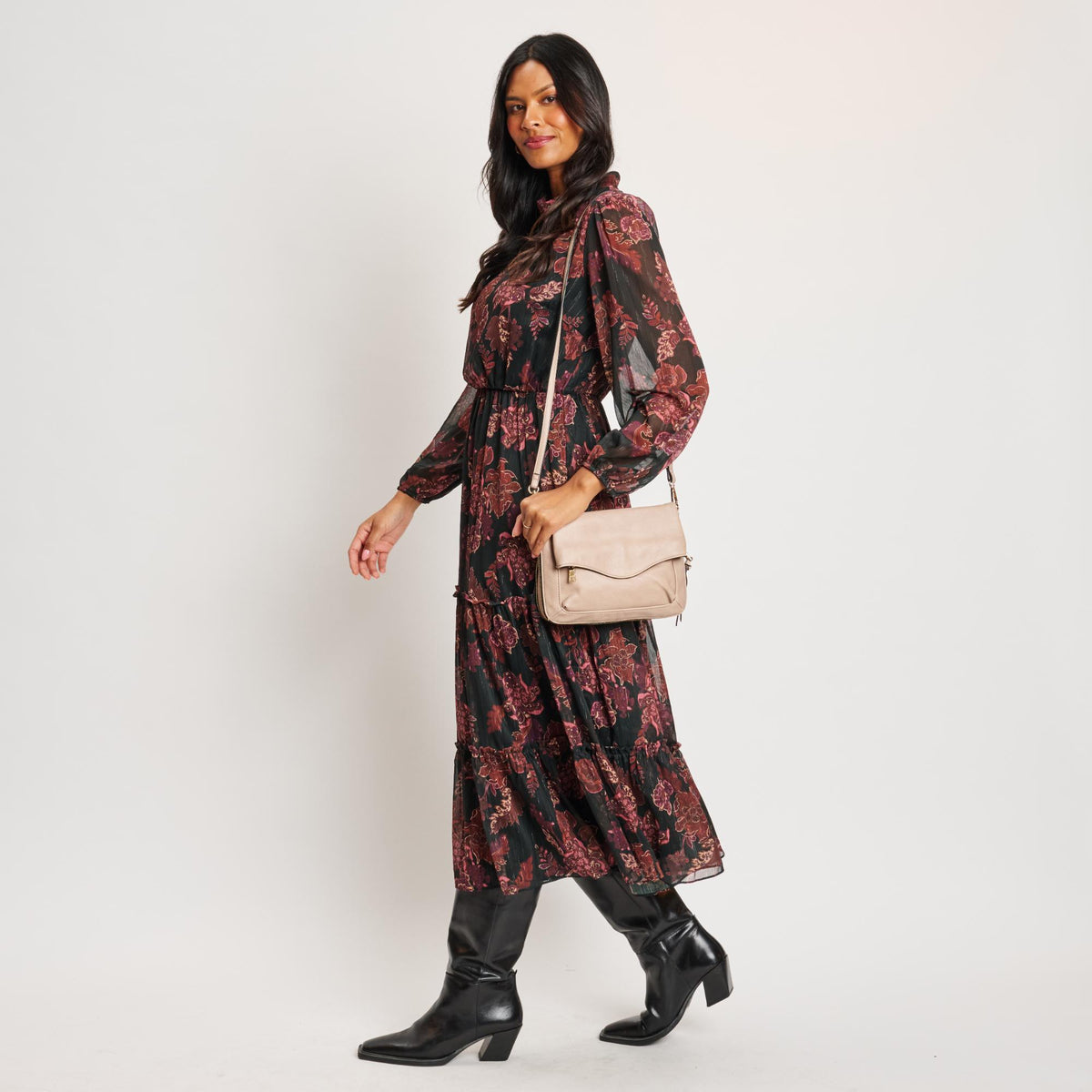 Woman wearing Natural Moda Luxe Easy Foldover Crossbody 842017139850 View 3 | Natural