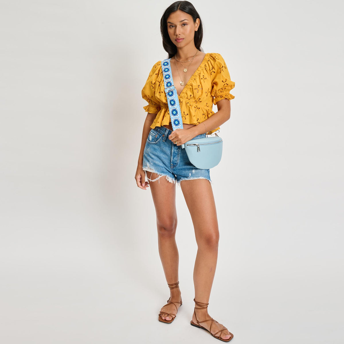 Woman wearing Blue Moda Luxe Stylette Belt Bag 842017134794 View 3 | Blue