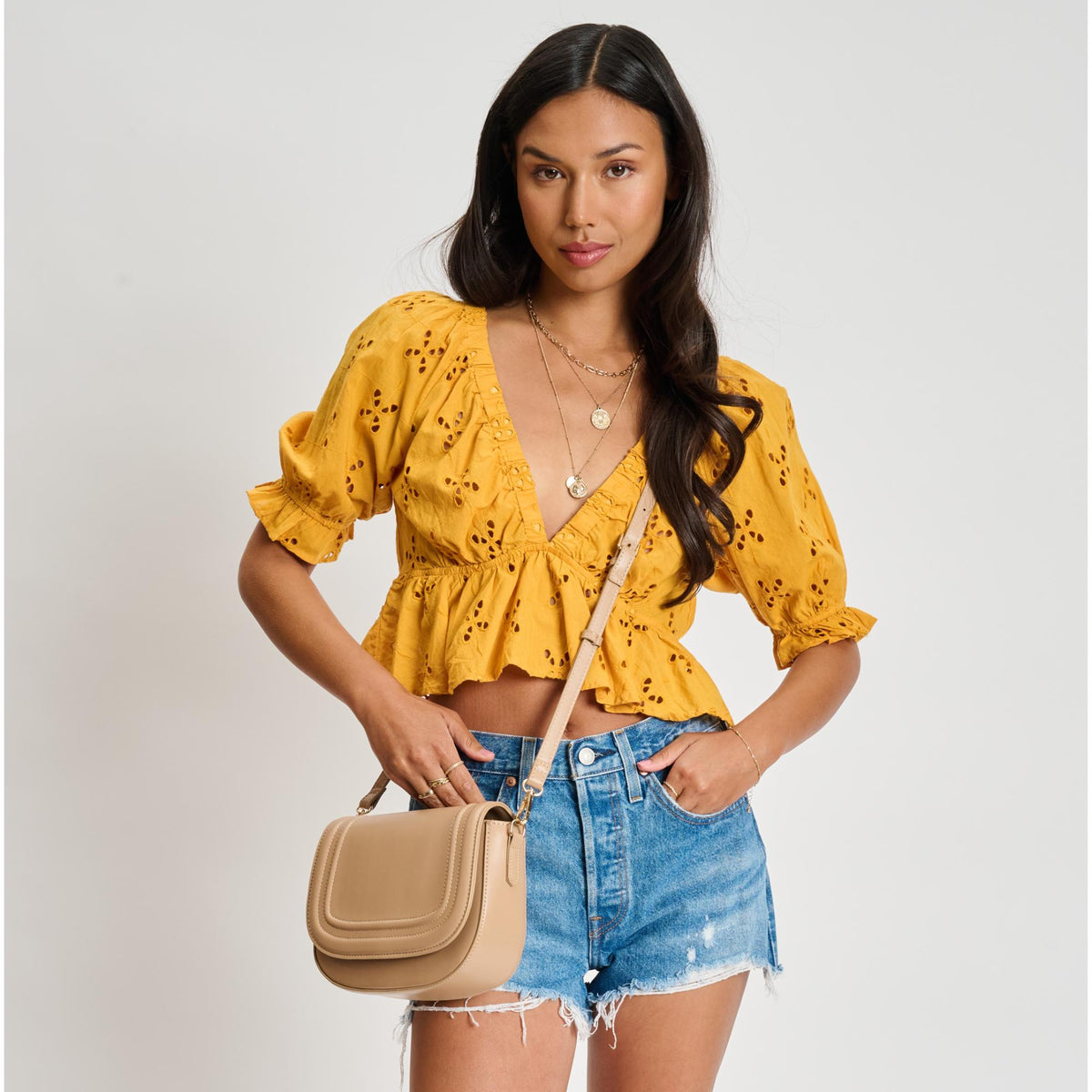 Woman wearing Natural Sol and Selene Poshette Crossbody 842017134756 View 3 | Natural