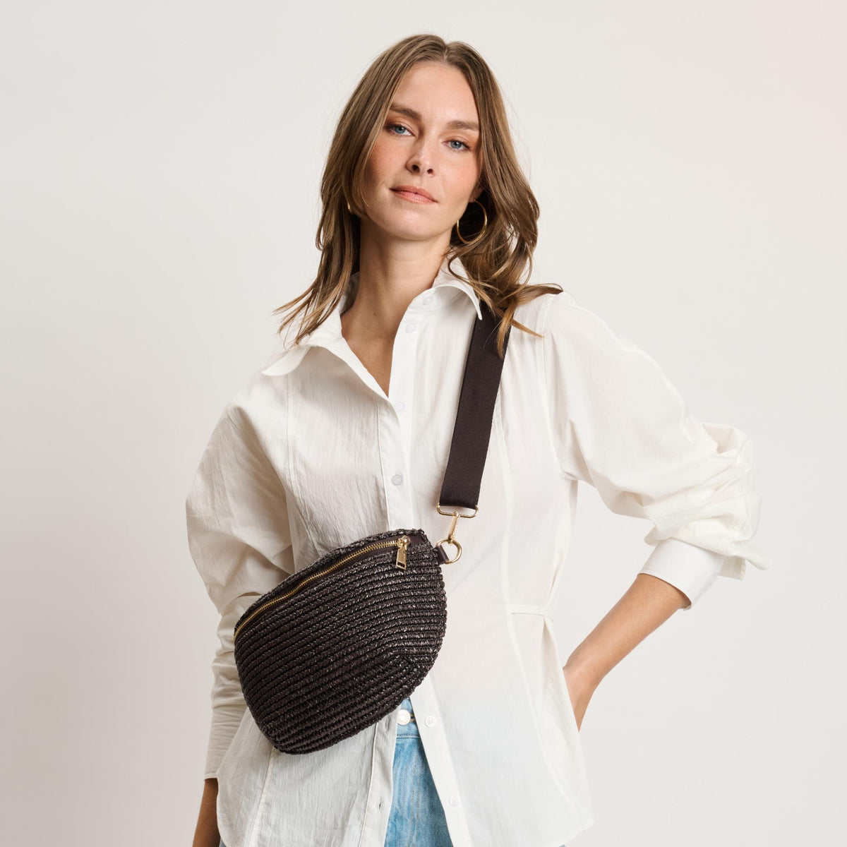 Woman wearing Chocolate Moda Luxe Gizelle - Large Checker Belt Bag 842017141051 View 2 | Chocolate