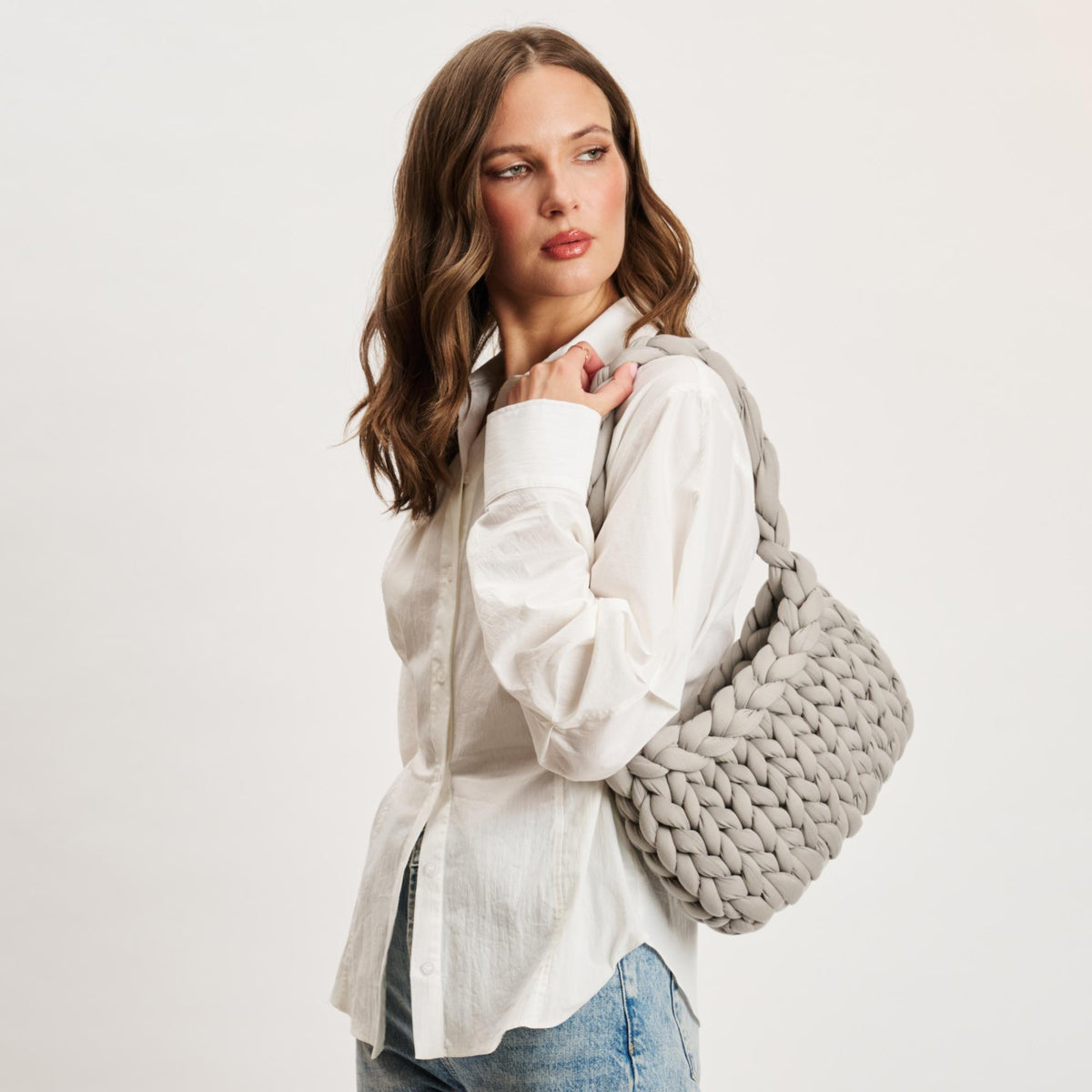 Woman wearing Grey Moda Luxe Trendelle Hobo 842017134961 View 2 | Grey