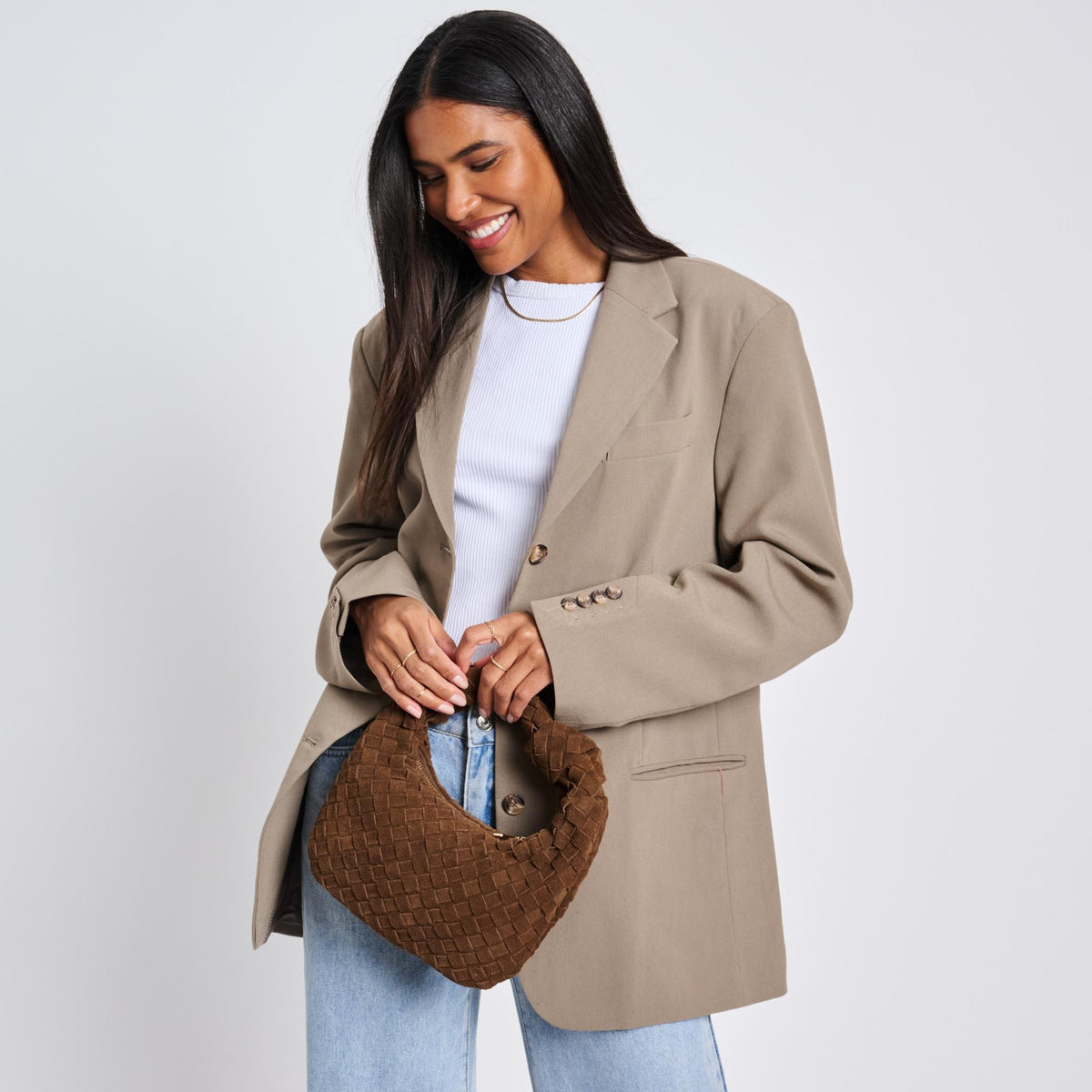 Woman wearing Chocolate Moda Luxe Autumn Clutch 842017136910 View 2 | Chocolate