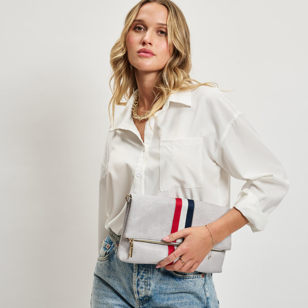 Woman wearing Dove Grey Moda Luxe Jules Clutch 842017120094 View 1 | Dove Grey