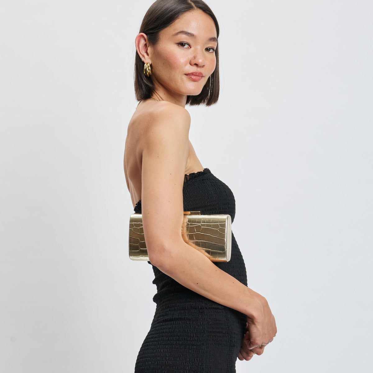 Woman wearing Gold Sol and Selene Sienna Evening Bag 842017139713 View 3 | Gold