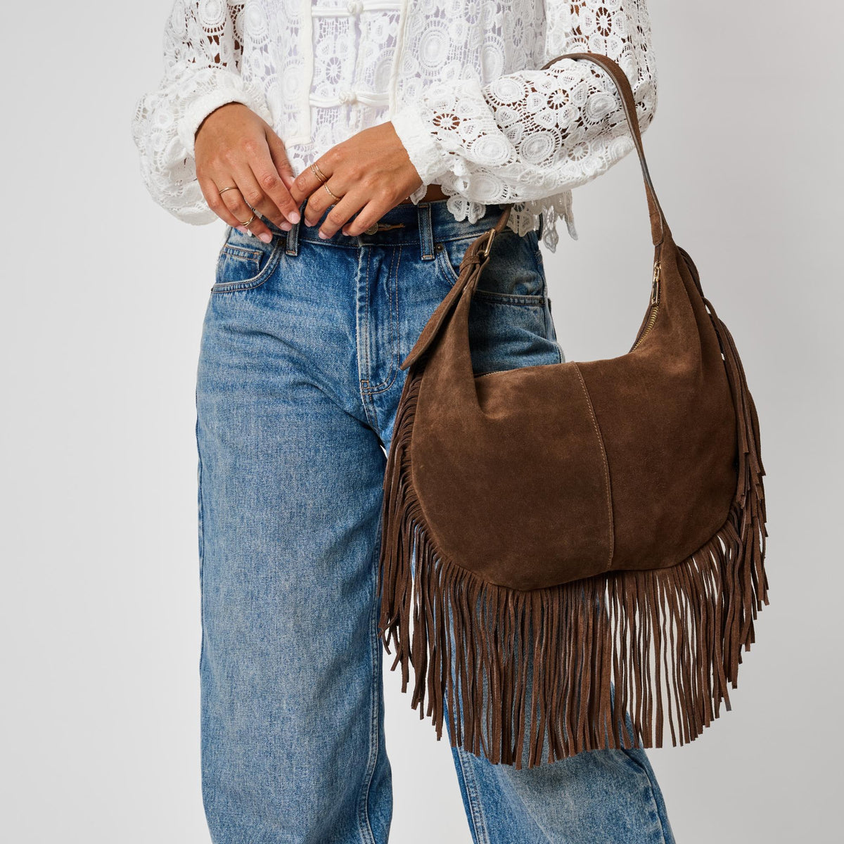 Woman wearing Chocolate Moda Luxe Reba Hobo 842017142362 View 2 | Chocolate