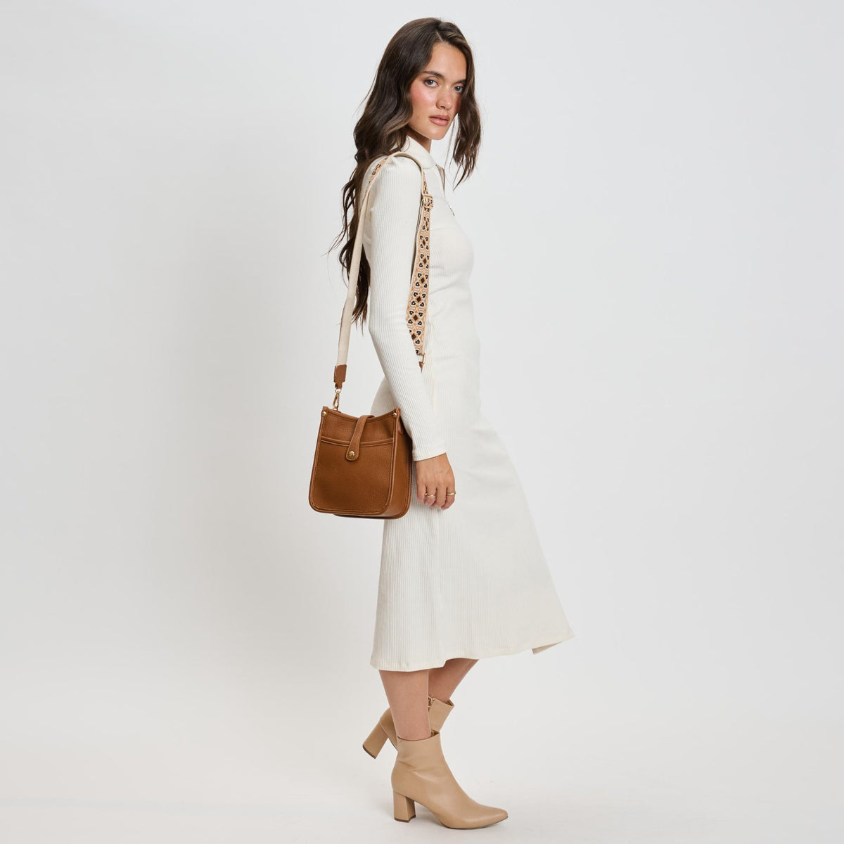 Woman wearing Tan Moda Luxe Ashley Crossbody 842017135999 View 3 | Tan