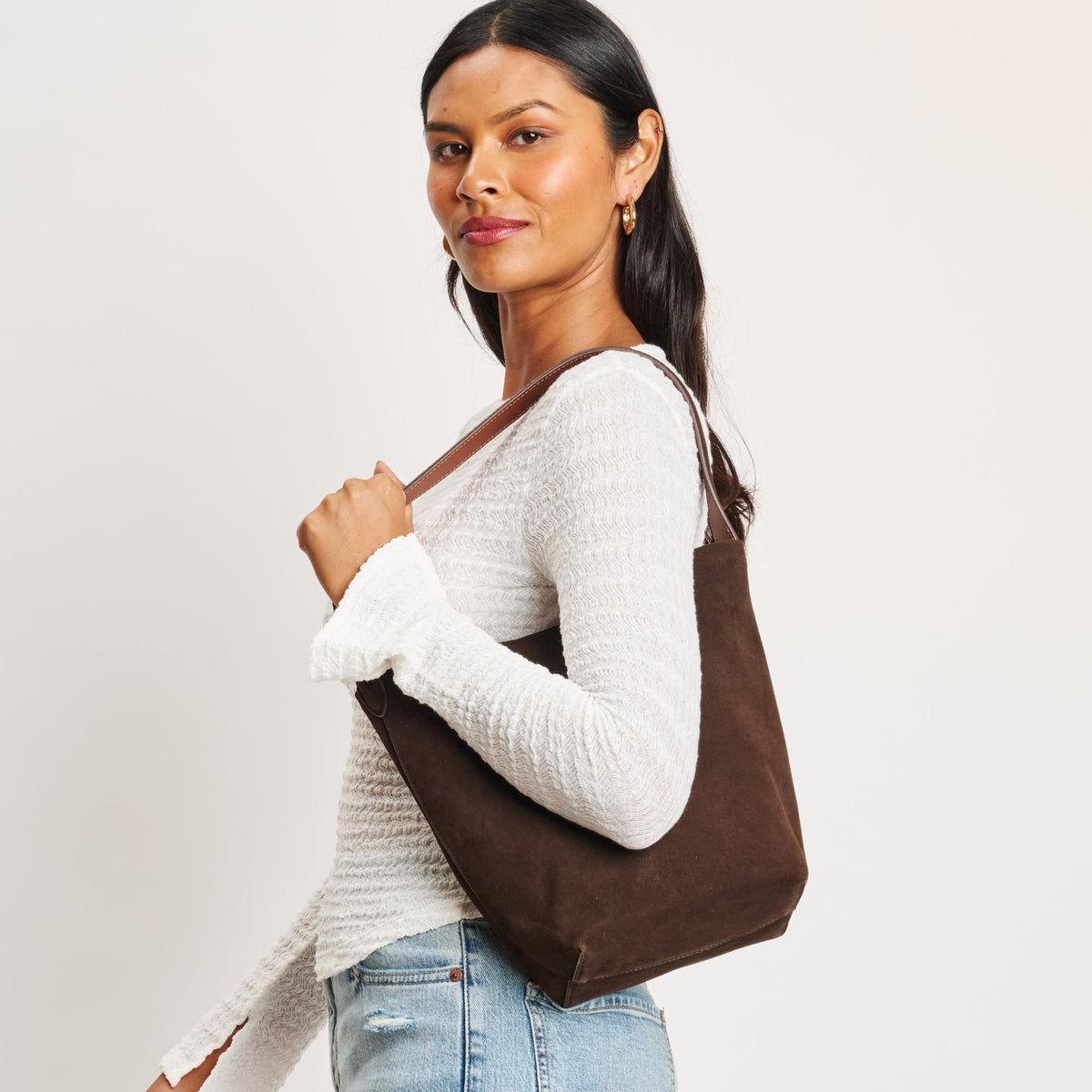 Woman wearing Chocolate Moda Luxe Colette Bucket 842017138990 View 2 | Chocolate