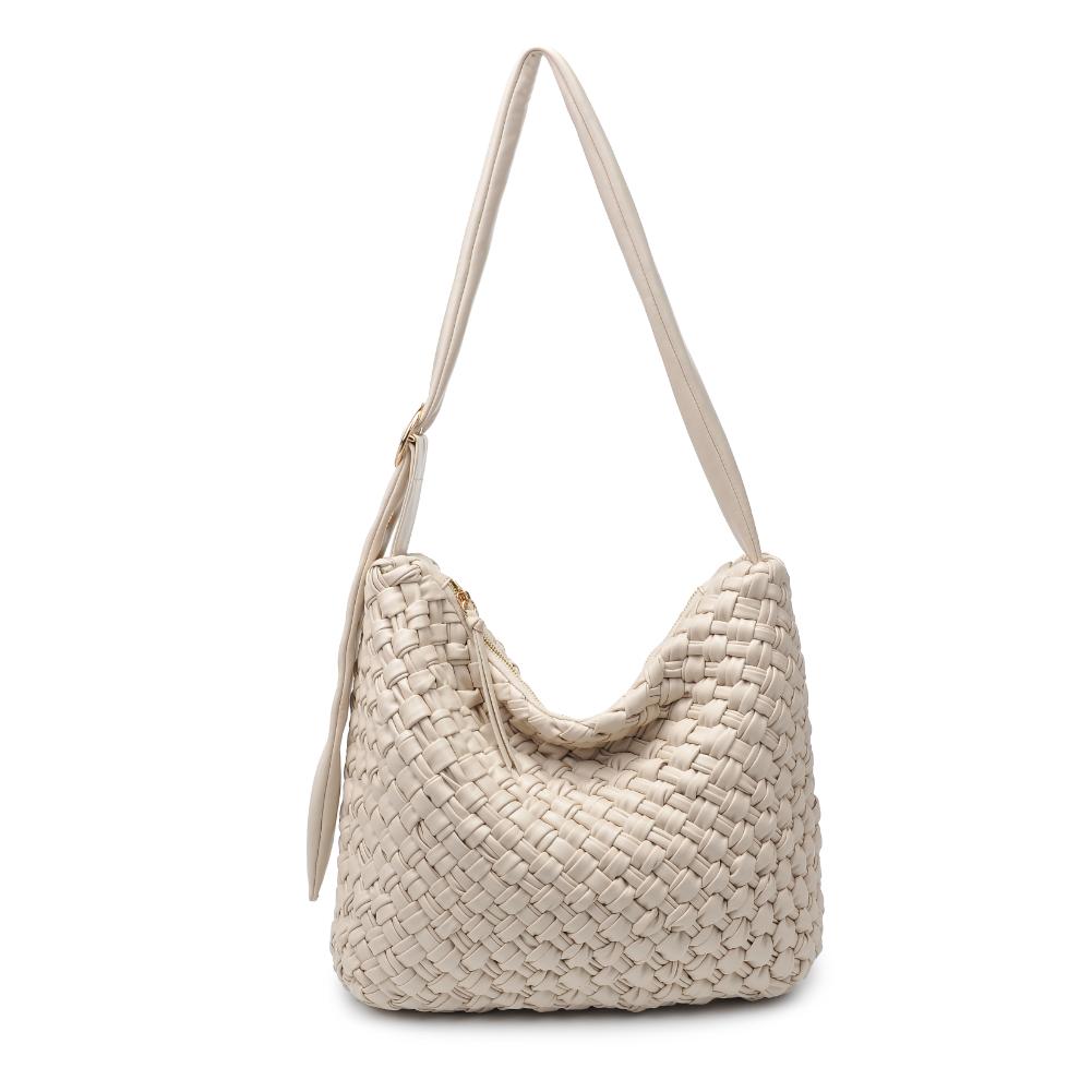 Woman wearing Oatmilk Moda Luxe Classica Crossbody 842017135494 View 5 | Oatmilk