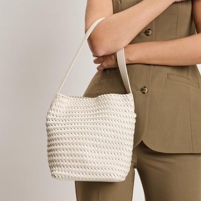 Woman wearing Oatmilk Moda Luxe Viva Tote 842017140924 View 1 | Oatmilk