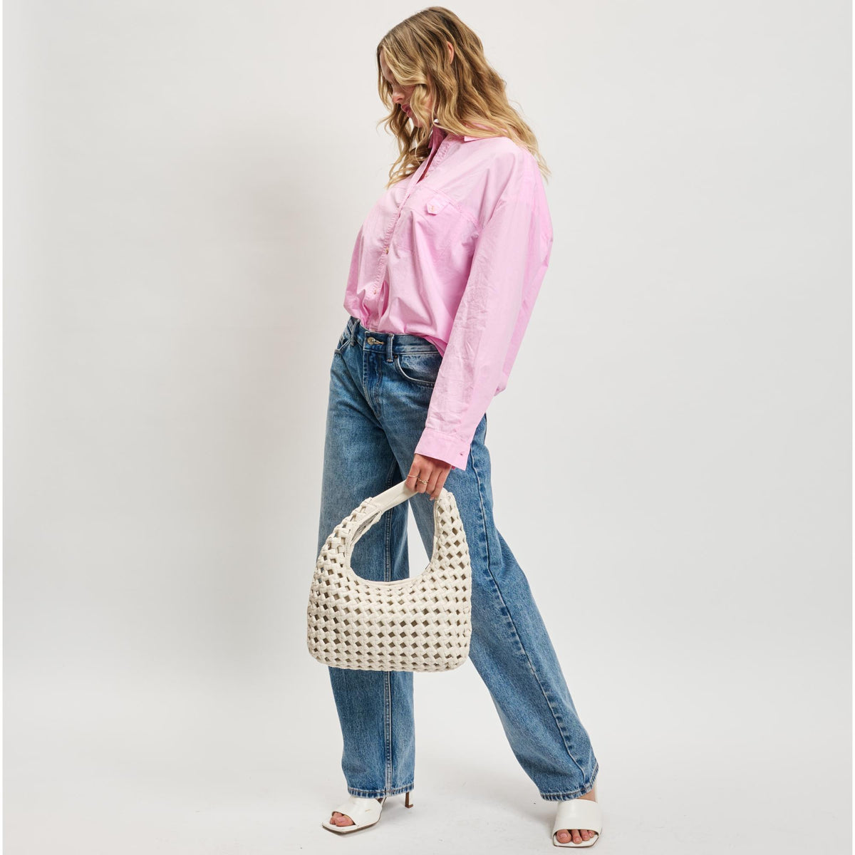 Woman wearing Oatmilk Sol and Selene Richelle Hobo 842017137528 View 4 | Oatmilk