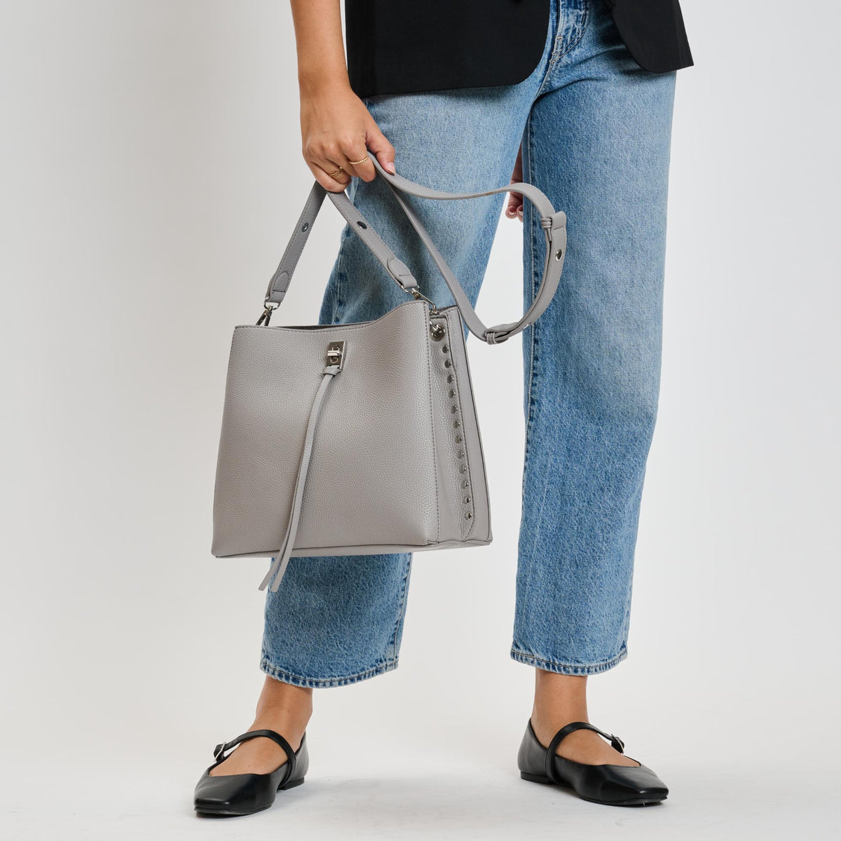 Woman wearing Grey Moda Luxe Eliza Crossbody 842017136057 View 4 | Grey
