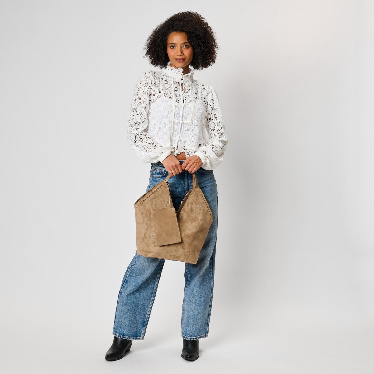 Woman wearing Taupe Moda Luxe Miranda Tote 842017142966 View 4 | Taupe