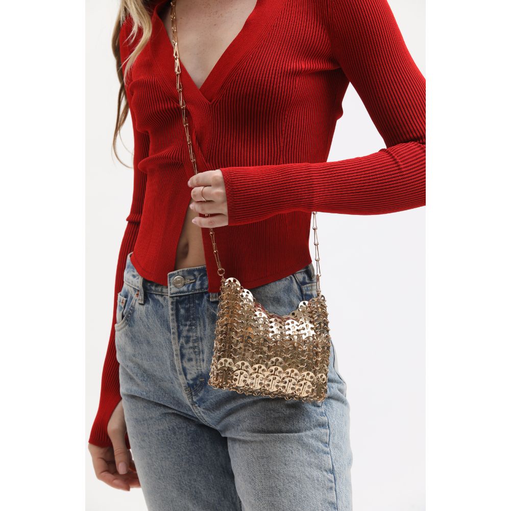 Woman wearing Gold Sol and Selene Gwen Evening Bag 842017133407 View 1 | Gold