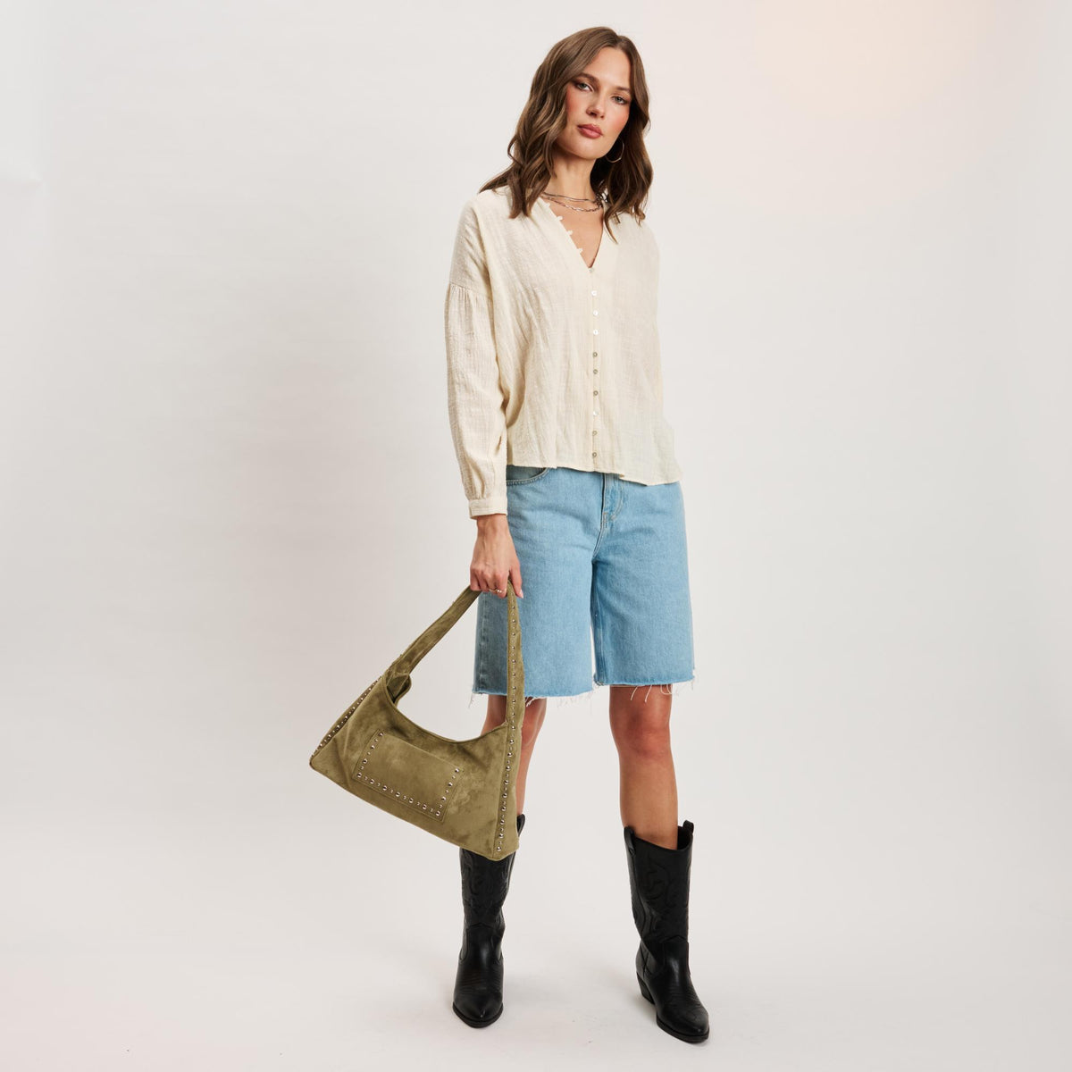 Woman wearing Sage Moda Luxe Dahlia Hobo 842017140641 View 4 | Sage