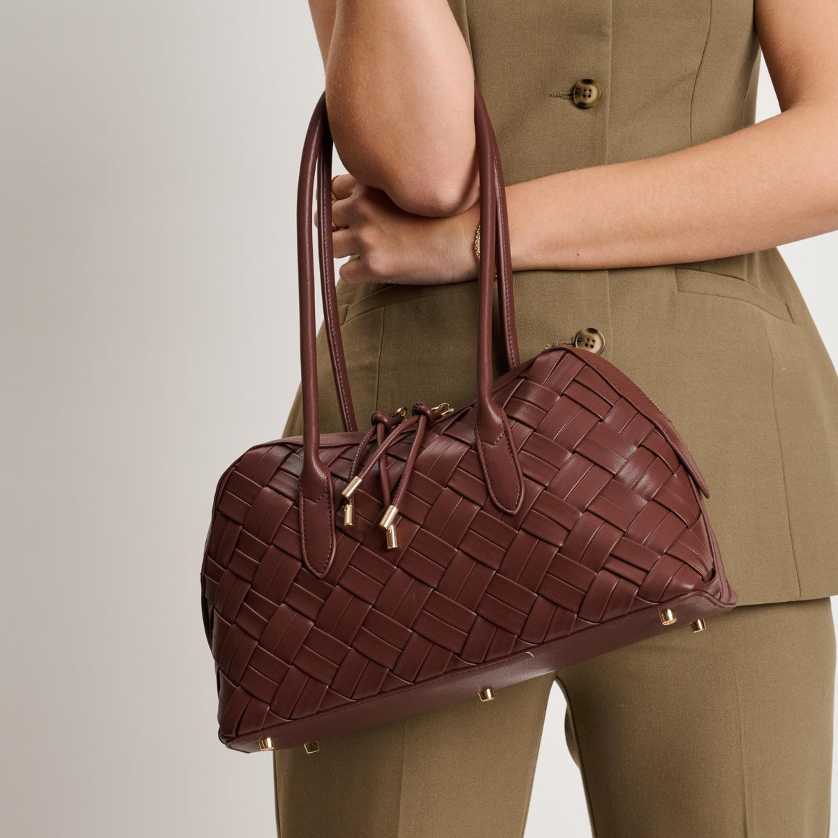 Woman wearing Chocolate Moda Luxe Lotus Shoulder Bag 842017140795 View 1 | Chocolate