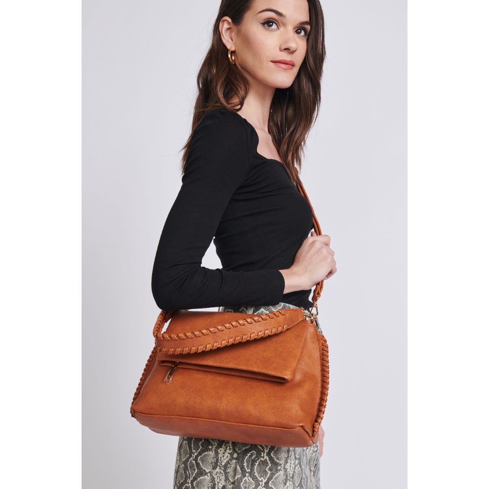 Woman wearing Tan Moda Luxe Gracie Messenger 842017129776 View 1 | Tan