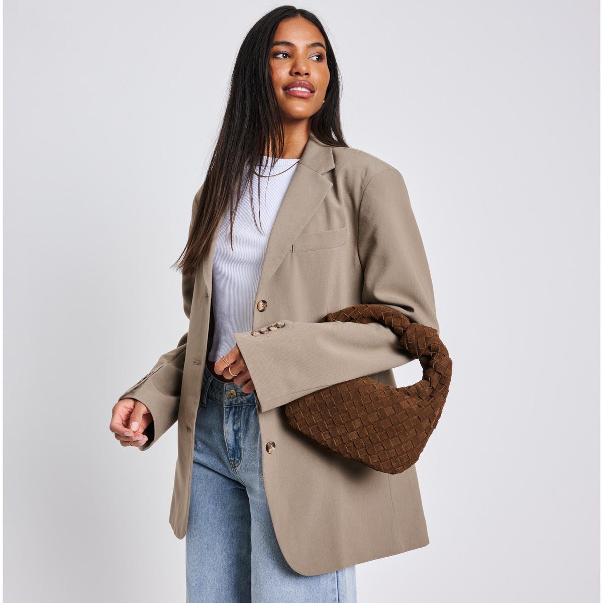 Woman wearing Chocolate Moda Luxe Autumn Clutch 842017136910 View 3 | Chocolate