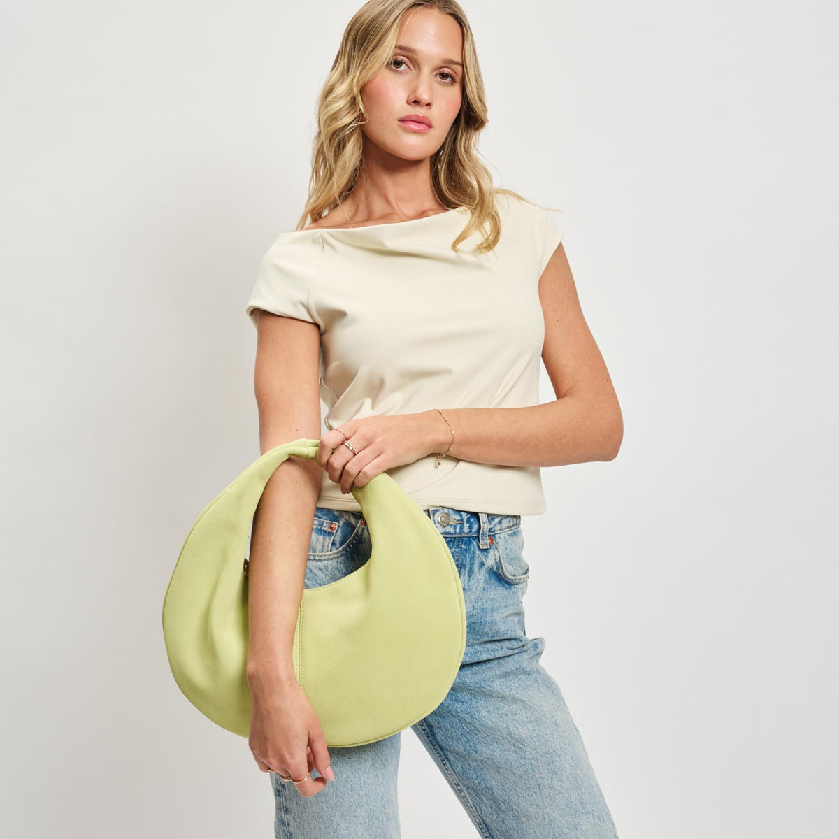 Woman wearing Pistachio Moda Luxe Farrah - Suede Hobo 842017138648 View 3 | Pistachio