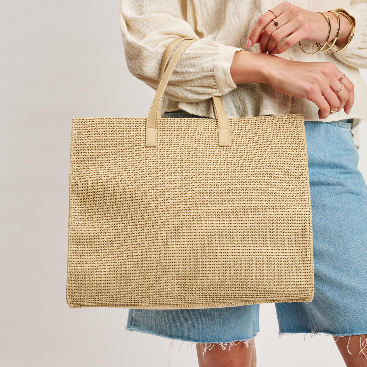 Woman wearing Natural Moda Luxe Camila Tote 842017140306 View 2 | Natural