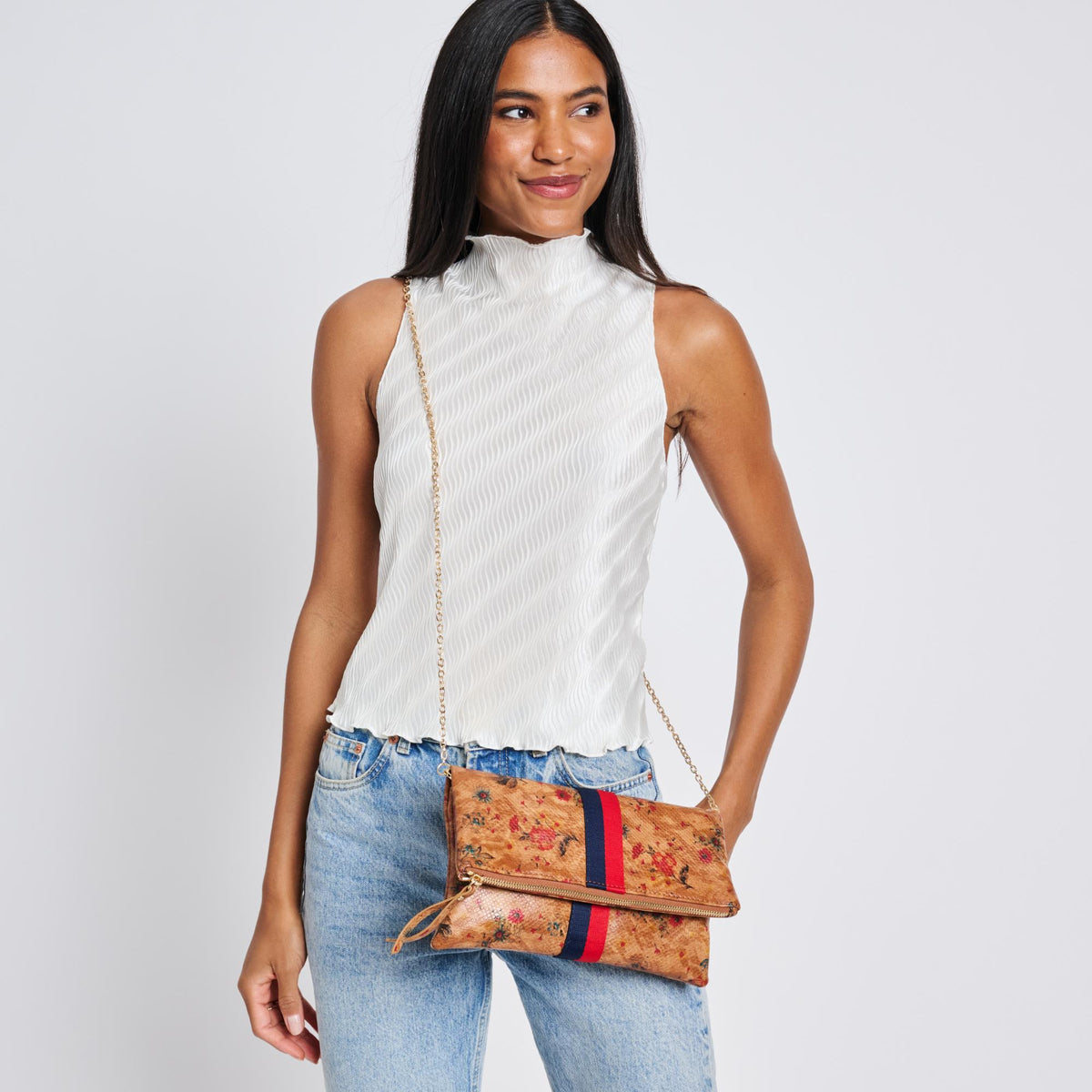 Woman wearing Tan Sol and Selene Jules Print Clutch 842017119418 View 3 | Tan