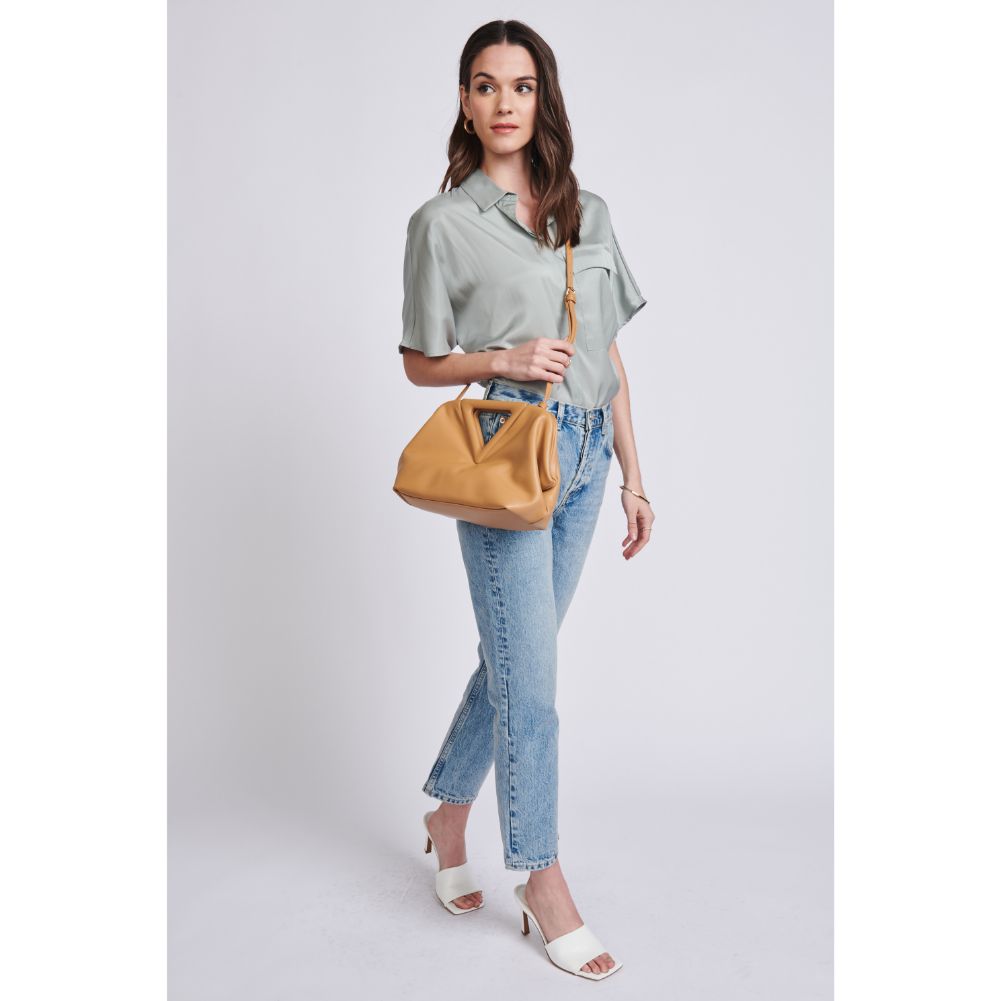 Woman wearing Camel Moda Luxe Kendra Crossbody 842017129042 View 4 | Camel