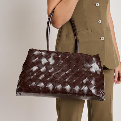 Woman wearing Espresso Moda Luxe Elsy Satchel 842017140948 View 1 | Espresso