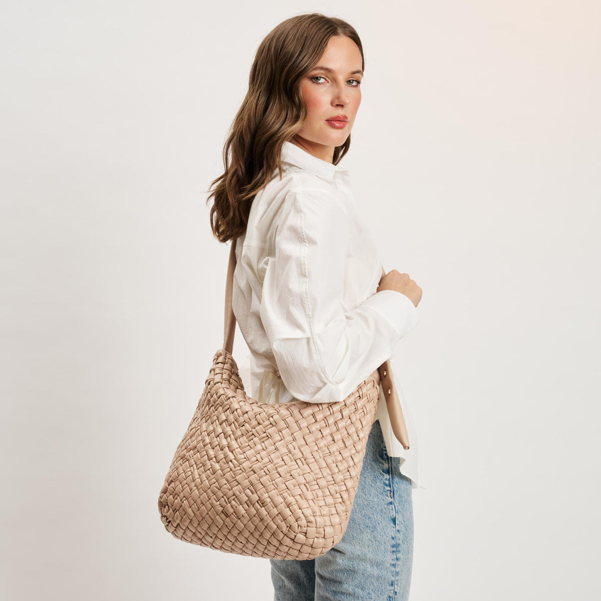 Woman wearing Natural Moda Luxe Classica Crossbody 842017135487 View 1 | Natural