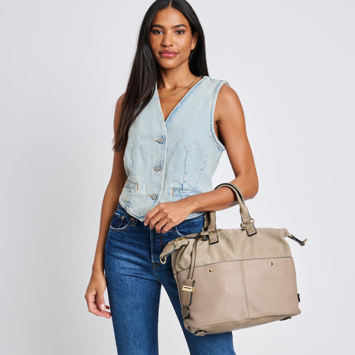 Woman wearing Mushroom Sol and Selene London Satchel 842017136231 View 1 | Mushroom