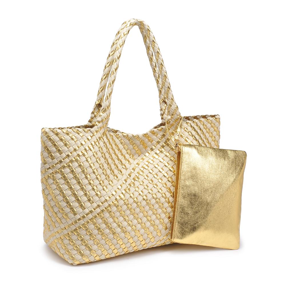 Woman wearing Gold Ivory Moda Luxe Solana - Mixed Material Tote 842017136873 View 6 | Gold Ivory