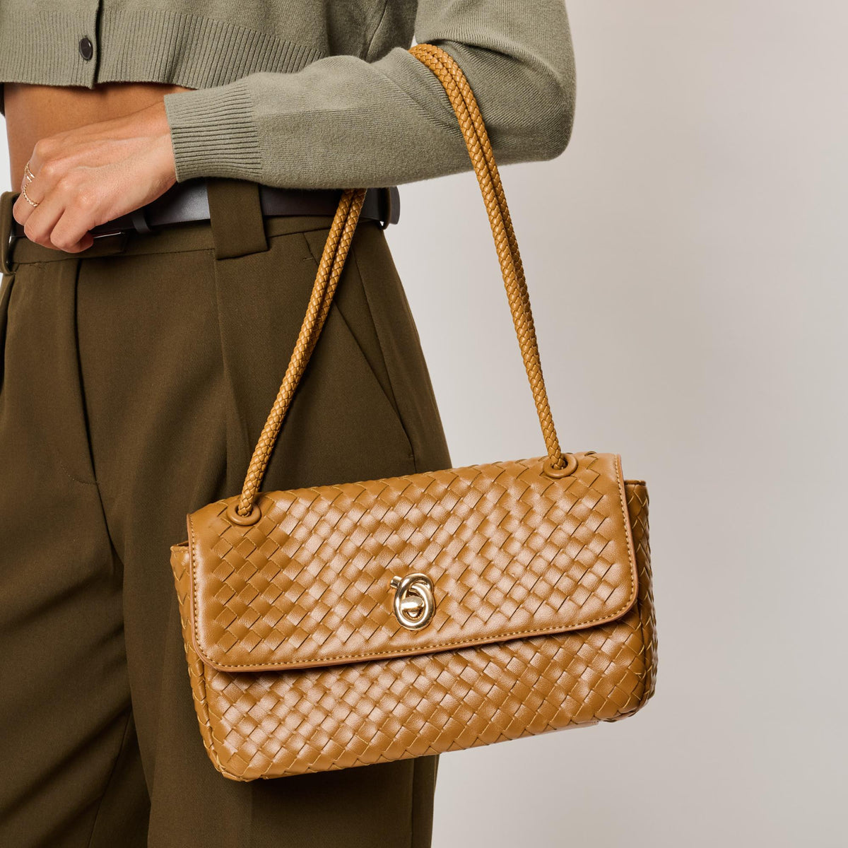 Woman wearing Camel Moda Luxe Annabelle Shoulder Bag 842017143369 View 2 | Camel