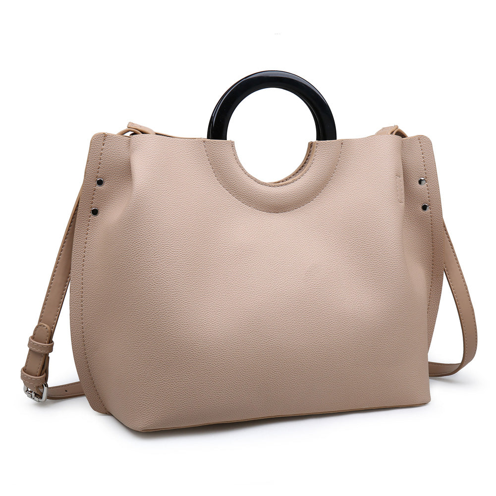 Woman wearing Camel Moda Luxe Rebecca Satchel 842017114475 View 6 | Camel